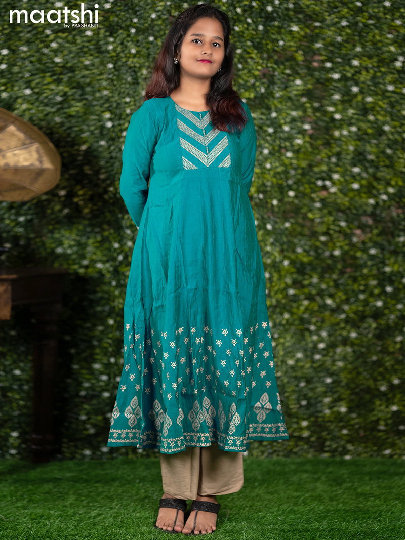 Rayon readymade anarkali kurti peacock green with prints & simple neck pattern without pant