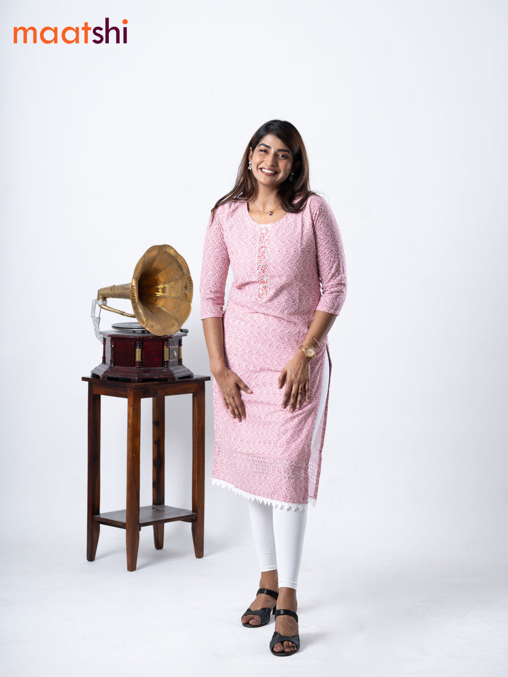 Cotton kurti off white and maroon with geometric print chikankari work & beaded neck pattern without pant