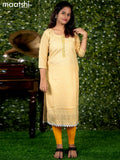 Rayon readymade kurti off white and yellow with geometric print chikankari work & beaded neck pattern without pant