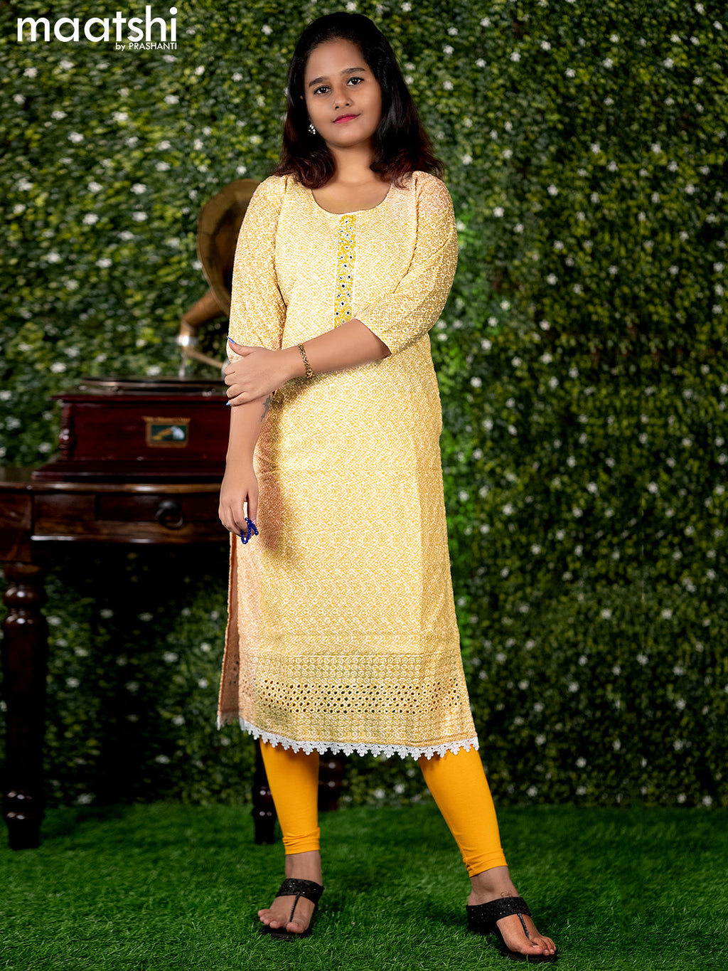 Rayon readymade kurti off white and yellow with geometric print chikankari work & beaded neck pattern without pant