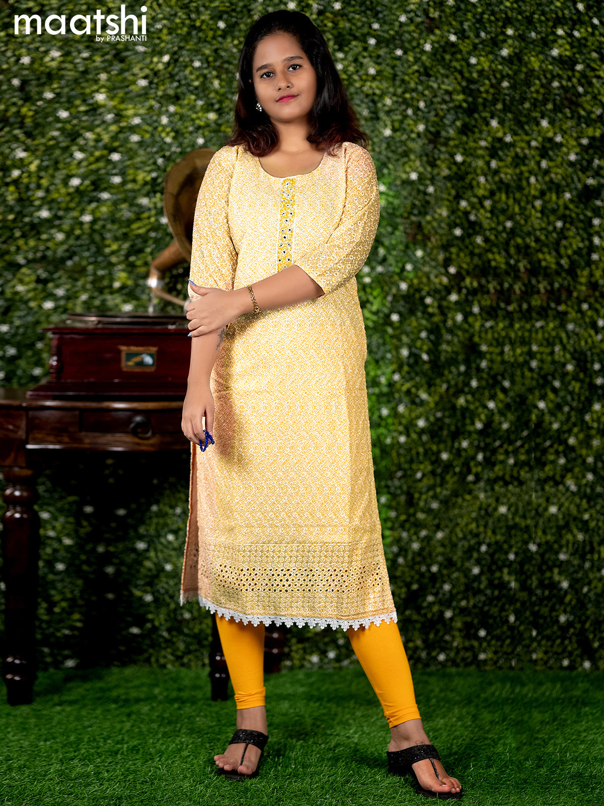 Rayon readymade kurti off white and yellow with geometric print chikankari work & beaded neck pattern without pant