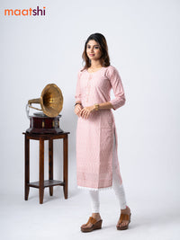 Cotton kurti off white and brown with geometric print chikankari work & beaded neck pattern without pant