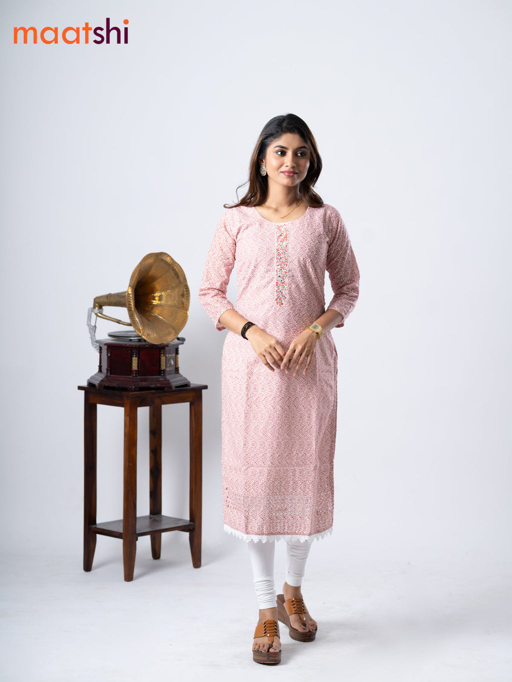Cotton kurti off white and brown with geometric print chikankari work & beaded neck pattern without pant