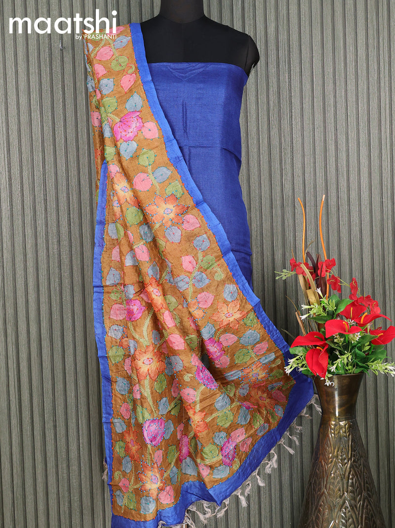 Pure tussar silk dress material blue and sandal with plain top & kalamkari prints french knot work dupatta without bottom