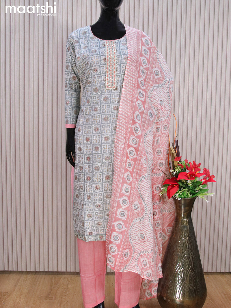 Cotton readymade salwar suits grey and pastel pink with allover prints & sequin work neck pattern and bottom & cotton dupatta