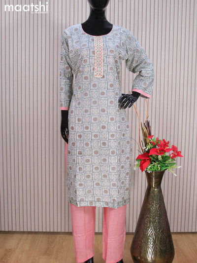 Cotton readymade salwar suits grey and pastel pink with allover prints & sequin work neck pattern and bottom & cotton dupatta
