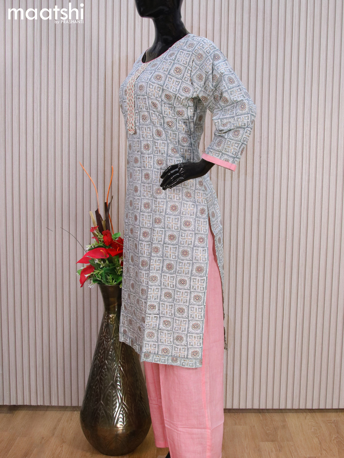 Cotton readymade salwar suits grey and pastel pink with allover prints & sequin work neck pattern and bottom & cotton dupatta