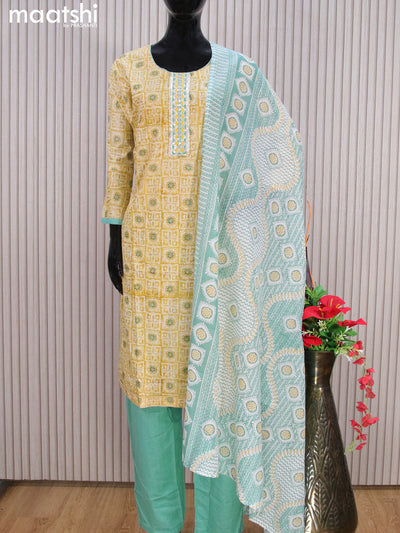 Cotton readymade salwar suits pale yellow and pastel green with allover prints & sequin work neck pattern and bottom & cotton dupatta
