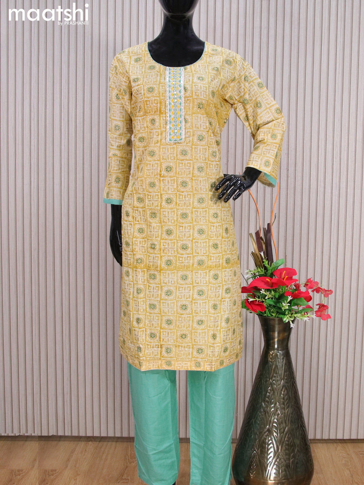 Cotton readymade salwar suits pale yellow and pastel green with allover prints & sequin work neck pattern and bottom & cotton dupatta