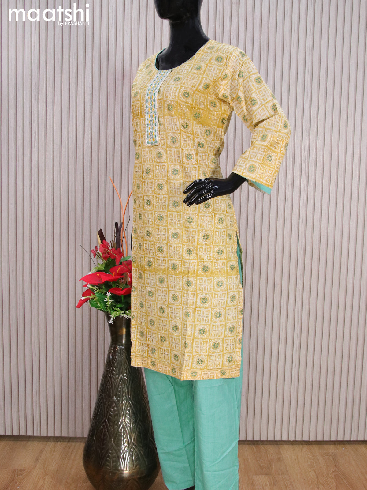 Cotton readymade salwar suits pale yellow and pastel green with allover prints & sequin work neck pattern and bottom & cotton dupatta