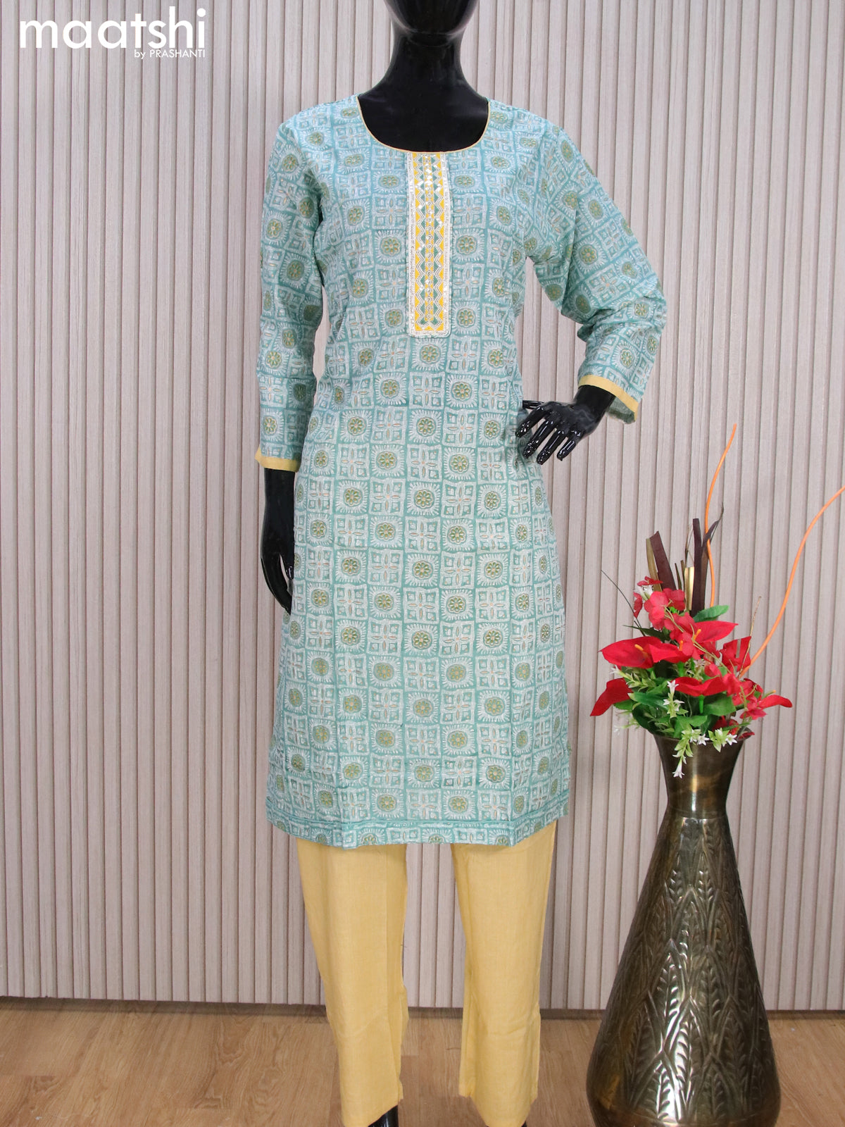 Cotton readymade salwar suits pastel green and sandal with allover prints & sequin work neck pattern and bottom & cotton dupatta