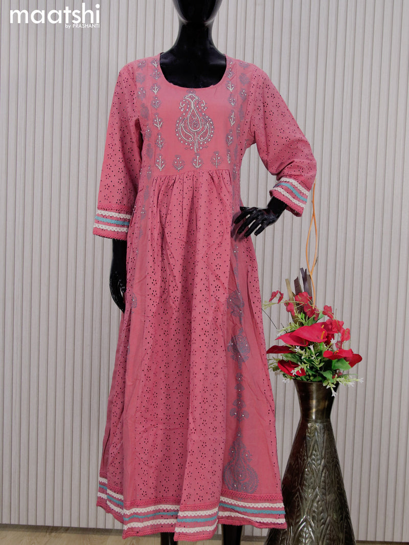 Cotton readymade anarkali kurti pink shade with allover hakoba work & beaded work neck pattern without pant