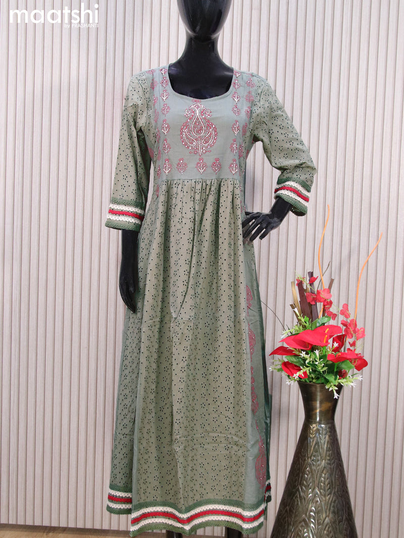 Cotton readymade anarkali kurti grey with allover hakoba work & beaded work neck pattern without pant