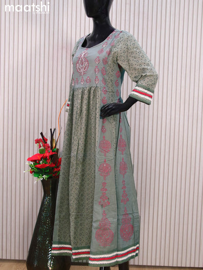 Cotton readymade anarkali kurti grey with allover hakoba work & beaded work neck pattern without pant