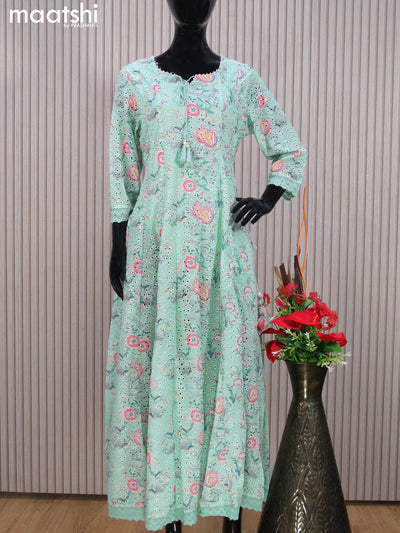 Cotton readymade anarkali kurti teal green shade with allover floral prints & hakoba work without pant