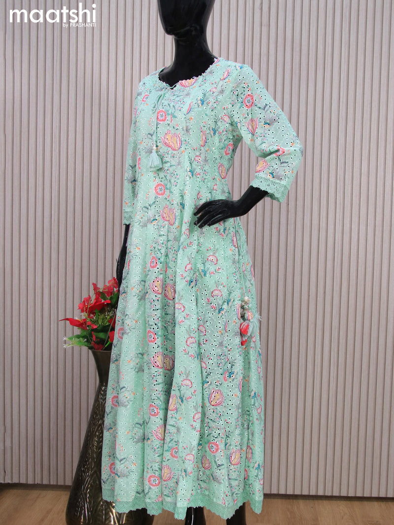 Cotton readymade anarkali kurti teal green shade with allover floral prints & hakoba work without pant