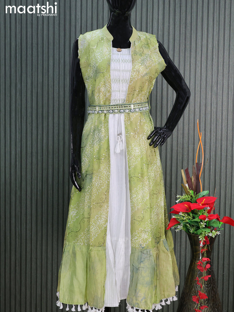 Cotton readymade party wear kurti off white and green with zari stripe smoking neck design & coat type pattern attached sleeve and hip belt & without pant