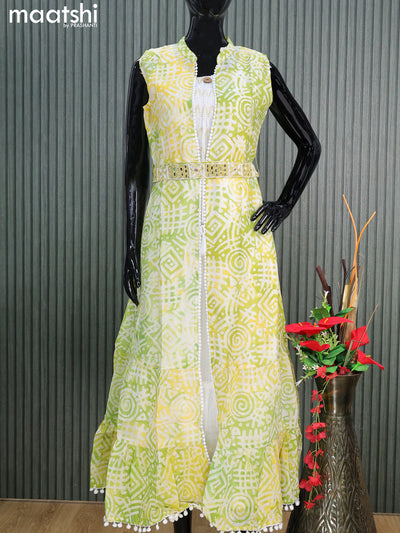 Cotton readymade party wear kurti off white and yellow green with smoking neck design & coat type pattern attached sleeve and hip belt & withput pant