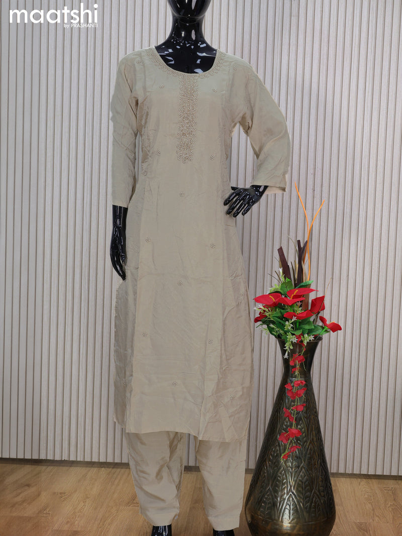 Muslin readymade salwar suits beige with sequin work neck pattern and straight cut pant & printed dupatta