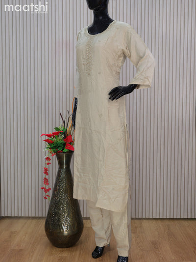 Muslin readymade salwar suits beige with sequin work neck pattern and straight cut pant & printed dupatta