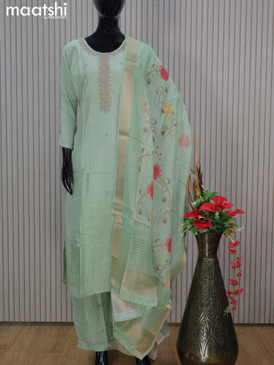 Muslin readymade salwar suits pastel green with sequin work neck pattern and straight cut pant & printed dupatta
