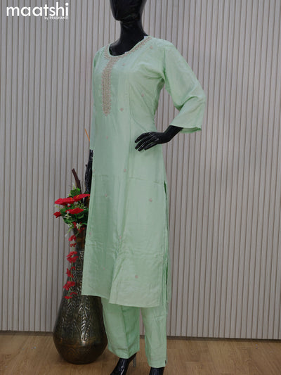 Muslin readymade salwar suits pastel green with sequin work neck pattern and straight cut pant & printed dupatta