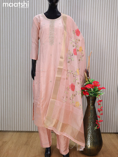 Muslin readymade salwar suits pastel peach with sequin work neck pattern and straight cut pant & printed dupatta