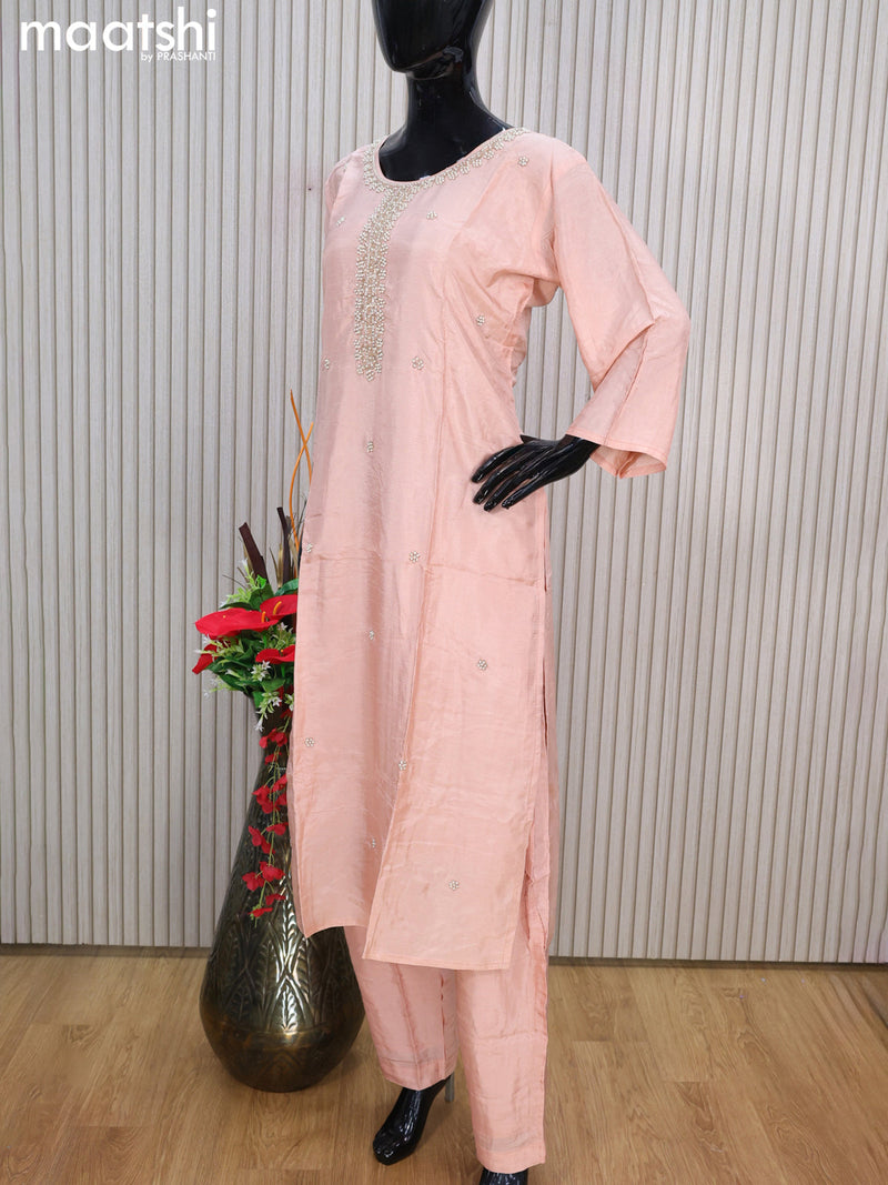 Muslin readymade salwar suits pastel peach with sequin work neck pattern and straight cut pant & printed dupatta