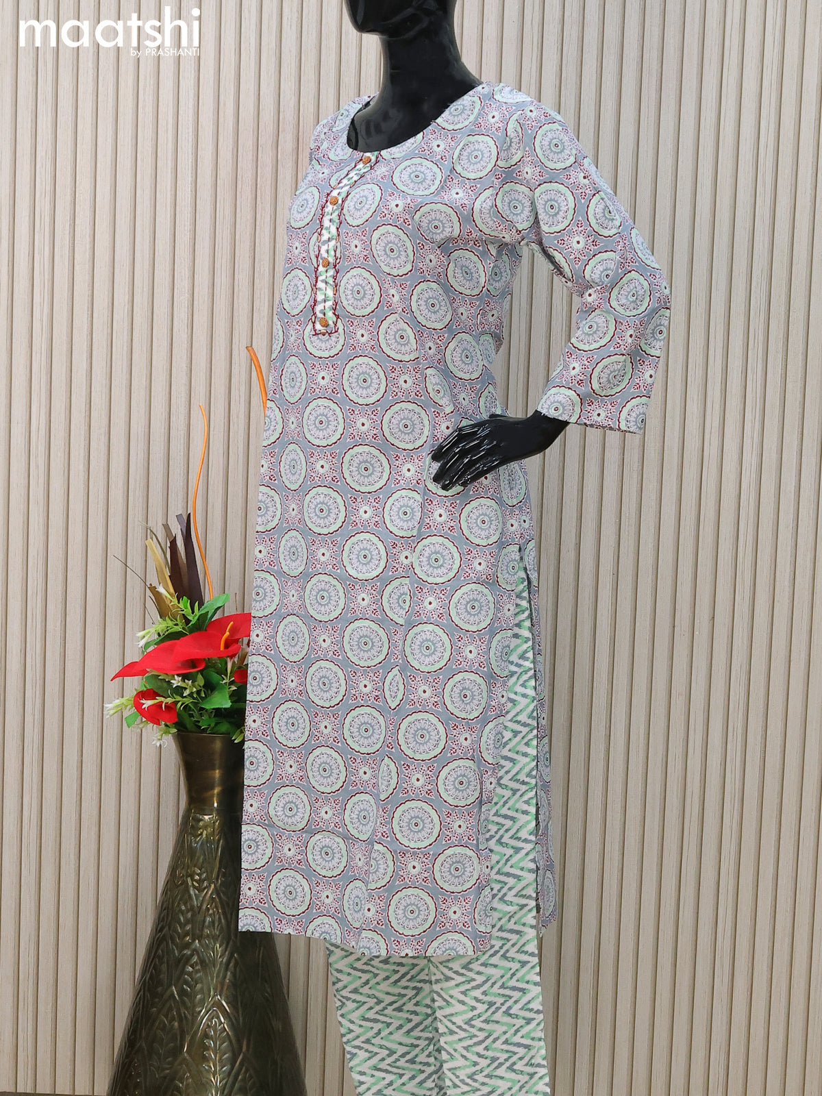 Cotton readymade salwar suits grey and off white with allover ajrakh prints & simple neck pattern and straight cut pant & cotton dupatta