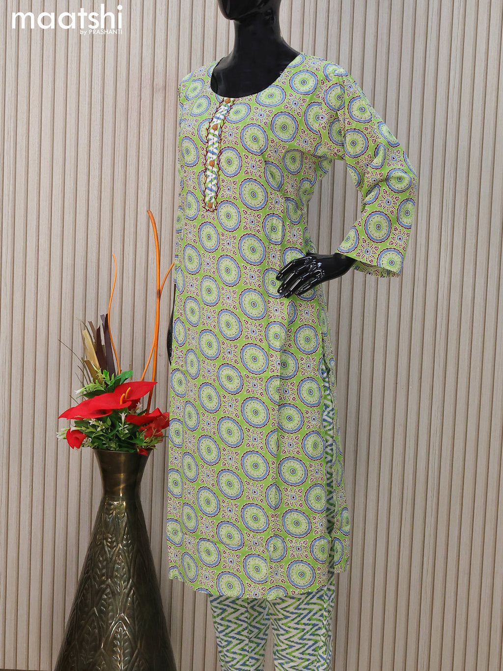Cotton readymade salwar suits light green and off white with allover ajrakh prints & simple neck pattern and straight cut pant & cotton dupatta