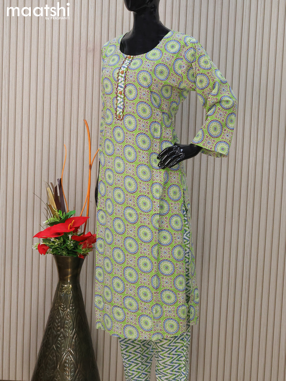 Cotton readymade salwar suits light green and off white with allover ajrakh prints & simple neck pattern and straight cut pant & cotton dupatta