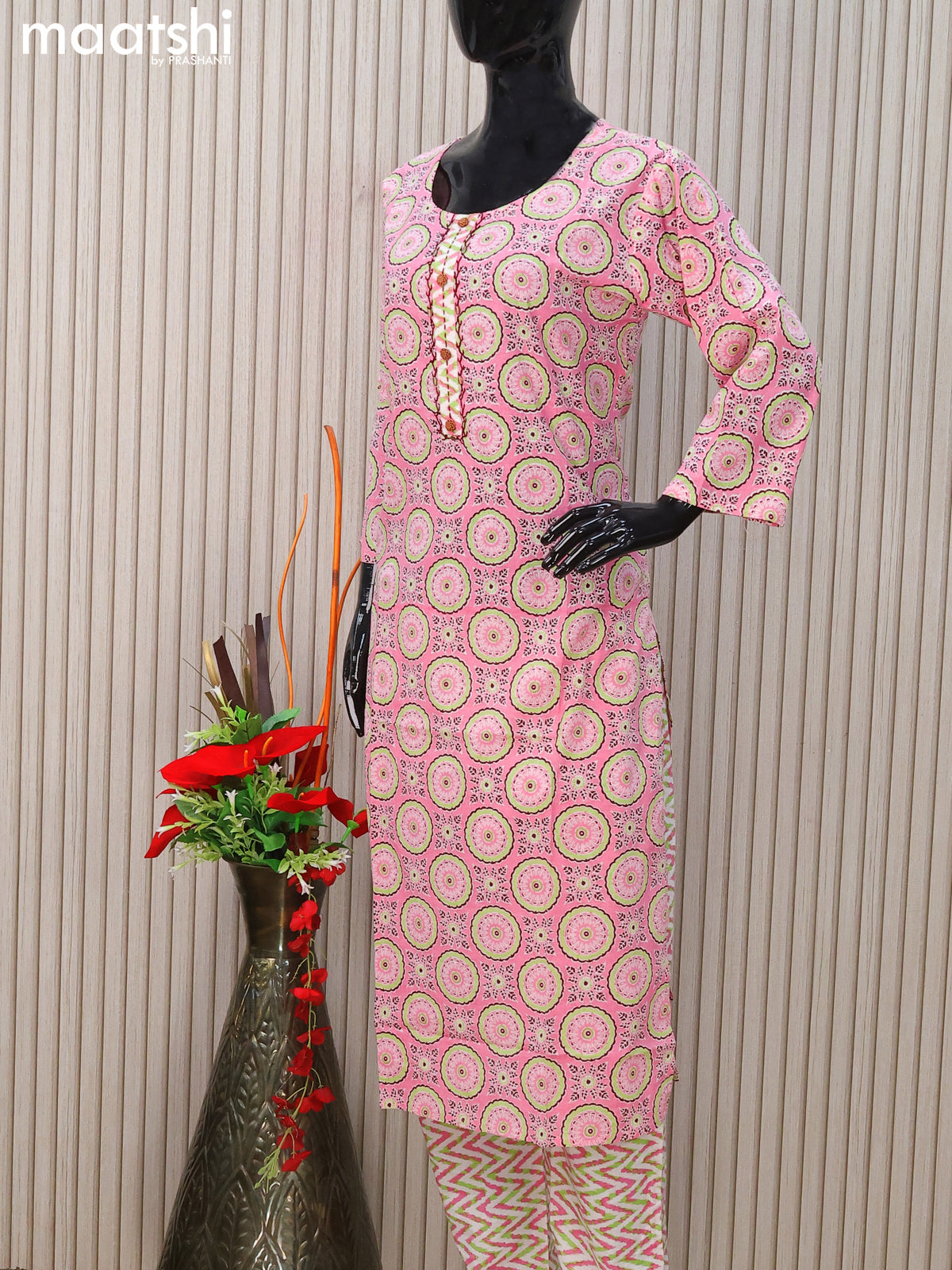 Cotton readymade salwar suits light pink and off white with allover ajrakh prints & simple neck pattern and straight cut pant & cotton dupatta