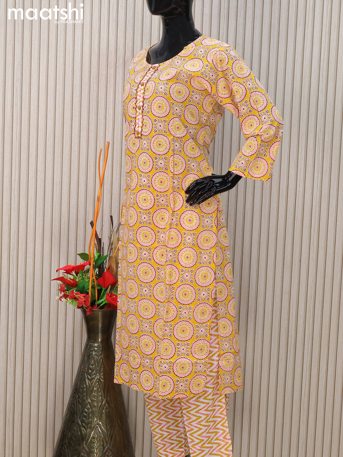 Cotton readymade salwar suits yellow and off white with allover ajrakh prints & simple neck pattern and straight cut pant & cotton dupatta