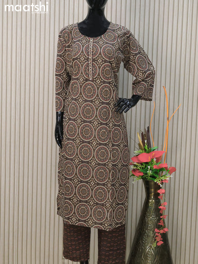 Cotton readymade salwar suits deep coffee brown with allover ajrakh prints & simple neck pattern and straight cut pant & cotton dupatta