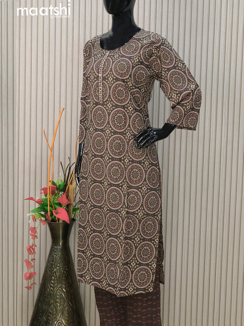 Cotton readymade salwar suits deep coffee brown with allover ajrakh prints & simple neck pattern and straight cut pant & cotton dupatta