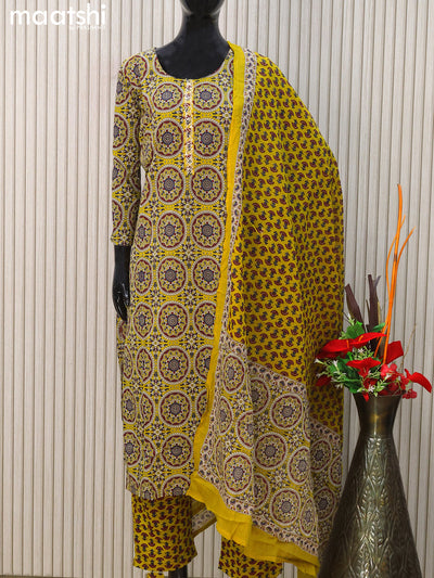 Cotton readymade salwar suits yellow and navy blue with allover ajrakh prints & simple neck pattern and straight cut pant & cotton dupatta