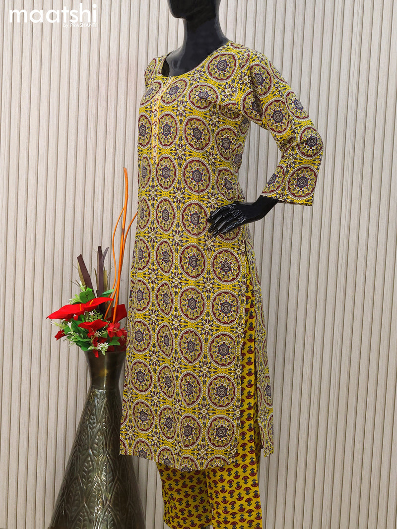Cotton readymade salwar suits yellow and navy blue with allover ajrakh prints & simple neck pattern and straight cut pant & cotton dupatta