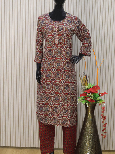 Cotton readymade salwar suits red and navy blue with allover ajrakh prints & simple neck pattern and straight cut pant & cotton dupatta