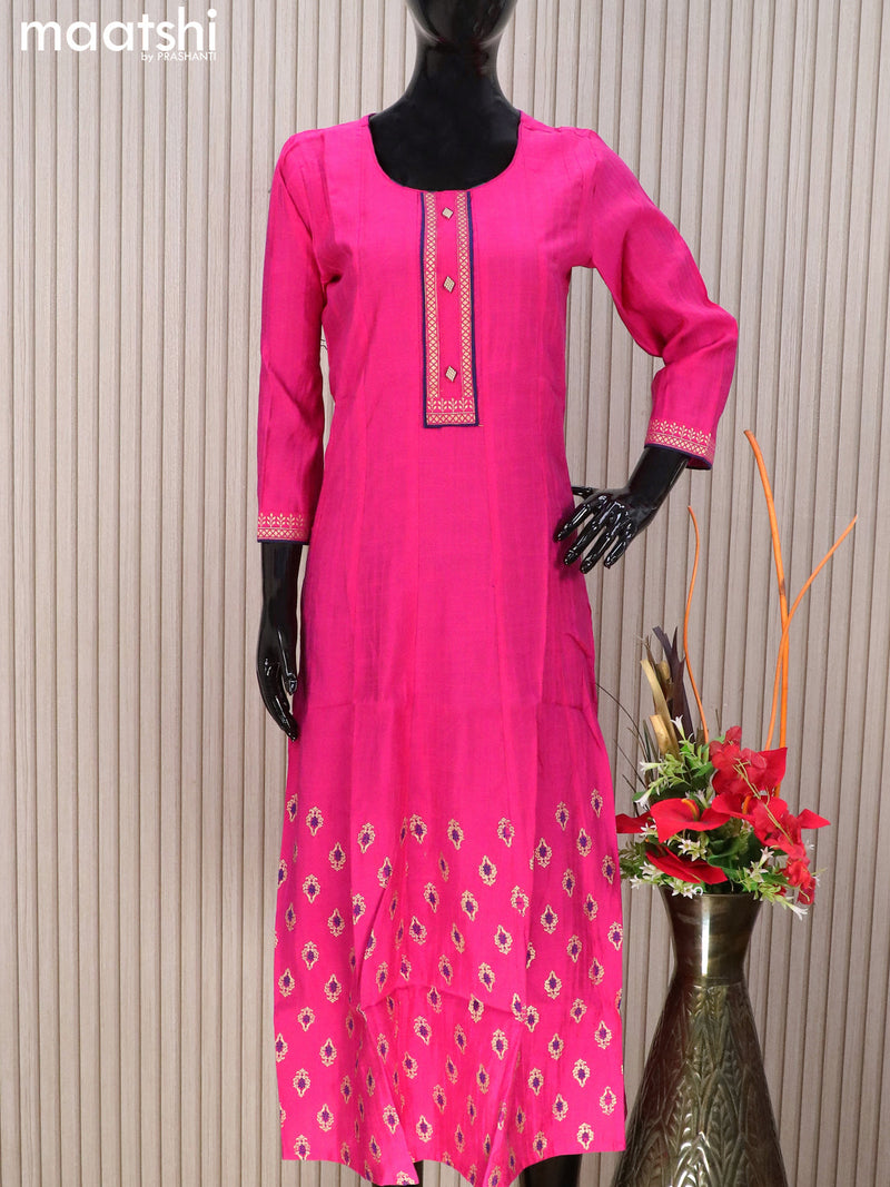 Rayon readymade anarkali kurti pink with golden butta prints & simple neck pattern without pant