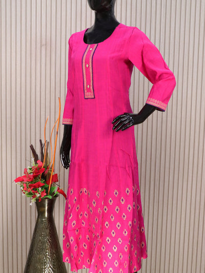 Rayon readymade anarkali kurti pink with golden butta prints & simple neck pattern without pant