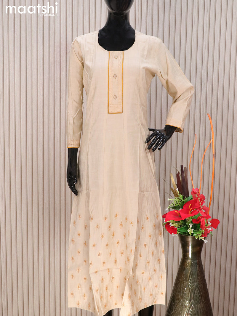 Rayon readymade anarkali kurti cream with golden butta prints & simple neck pattern without pant