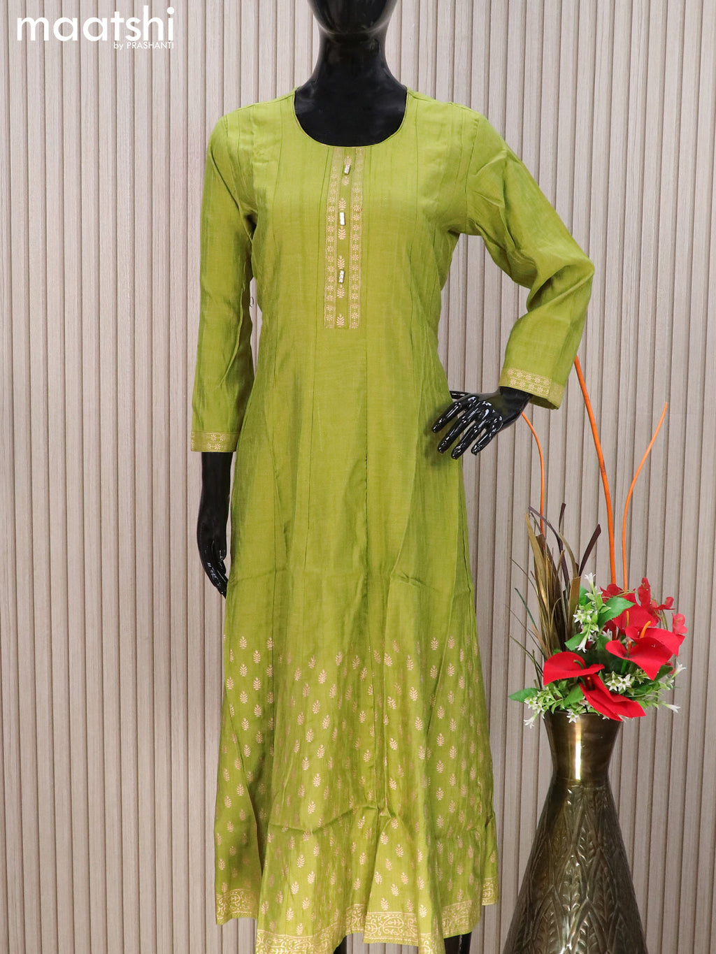 Rayon readymade anarkali kurti light green with golden butta prints & simple neck pattern without pant