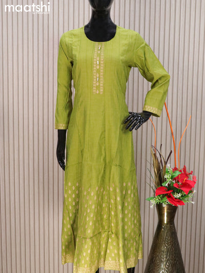 Rayon readymade anarkali kurti light green with golden butta prints & simple neck pattern without pant