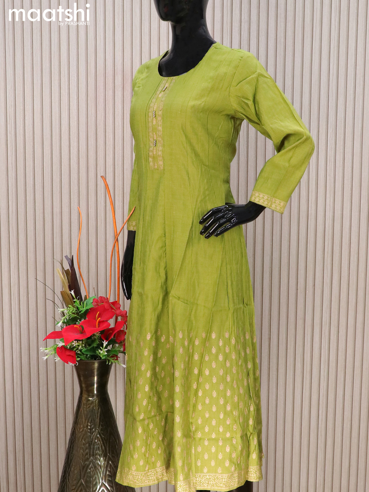 Rayon readymade anarkali kurti light green with golden butta prints & simple neck pattern without pant