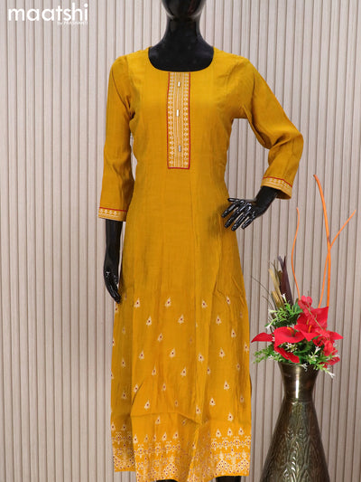 Rayon readymade anarkali kurti mustard yellow with golden butta prints & simple neck pattern without pant