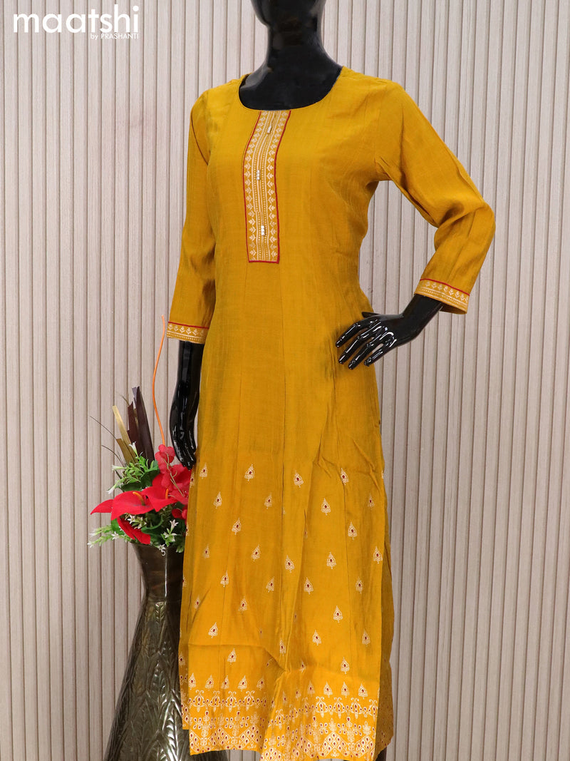 Rayon readymade anarkali kurti mustard yellow with golden butta prints & simple neck pattern without pant