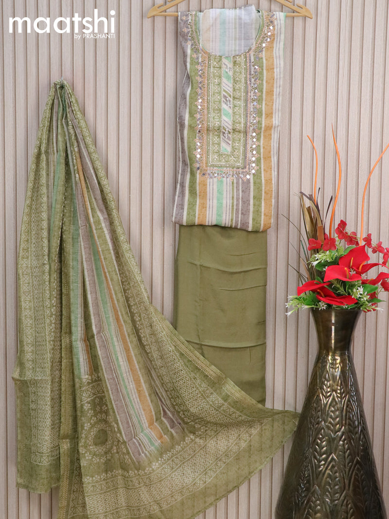 Chanderi dress material green with allover prints & embroidery mirror work neck pattern and bottom & printed dupatta