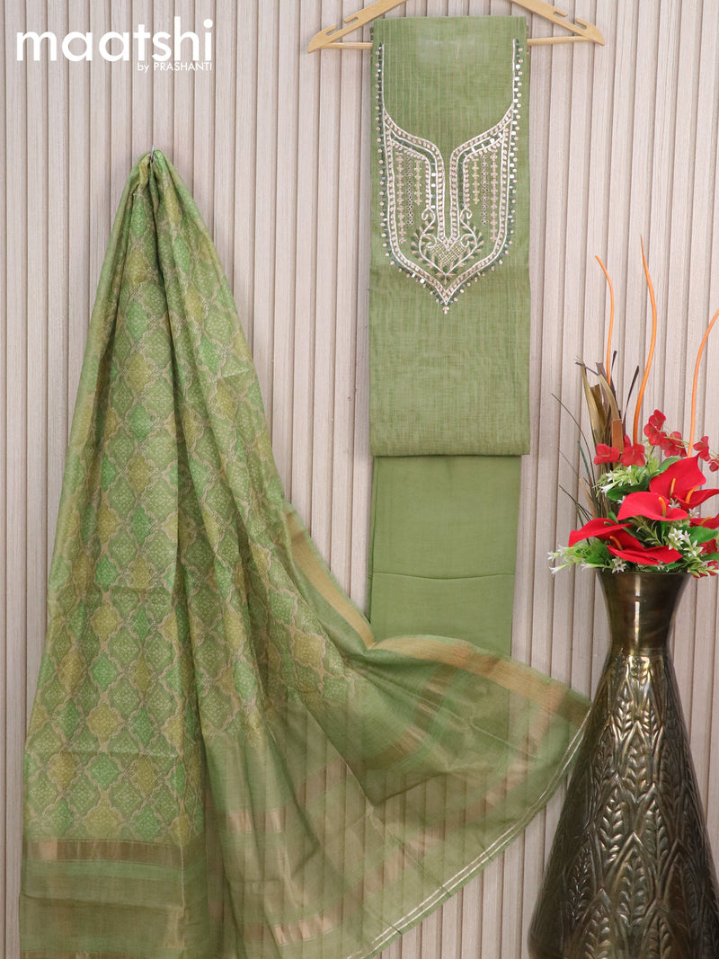 Chanderi dress material green with allover zari weaves & embroidery mirror work neck pattern and bottom & printed dupatta