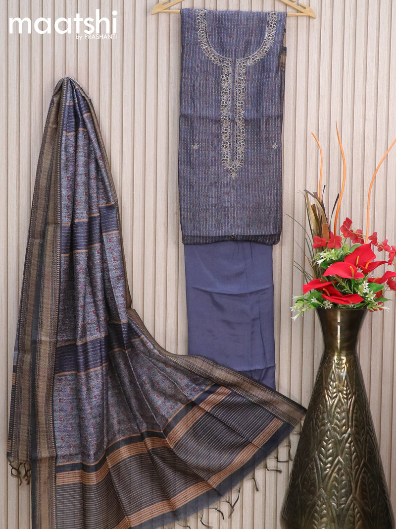 Chanderi dress material blue shade with allover prints & zardosi work neck pattern and bottom & printed dupatta