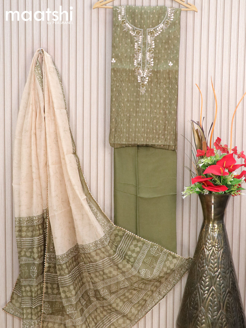 Chanderi dress material green with zari buttas & embroidery neck pattern and bottom & printed dupatta